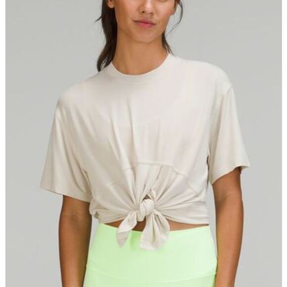Lululemon Modal-Silk Blend Tie-Front Yoga T-Shirt In Natural Ivory Size 10 - Picture 6 of 6